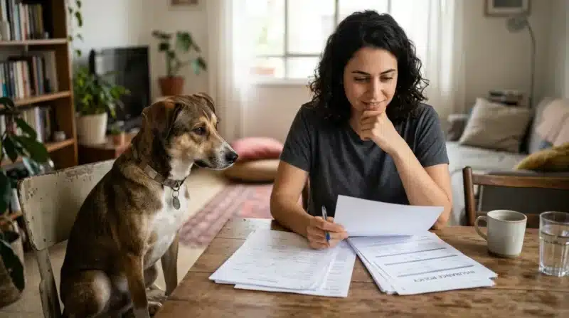 בעלים יושב עם כלב מאומץ ומסמכים לא ברורים על השולחן המדגיש את ביטוח לכלב מאומץ