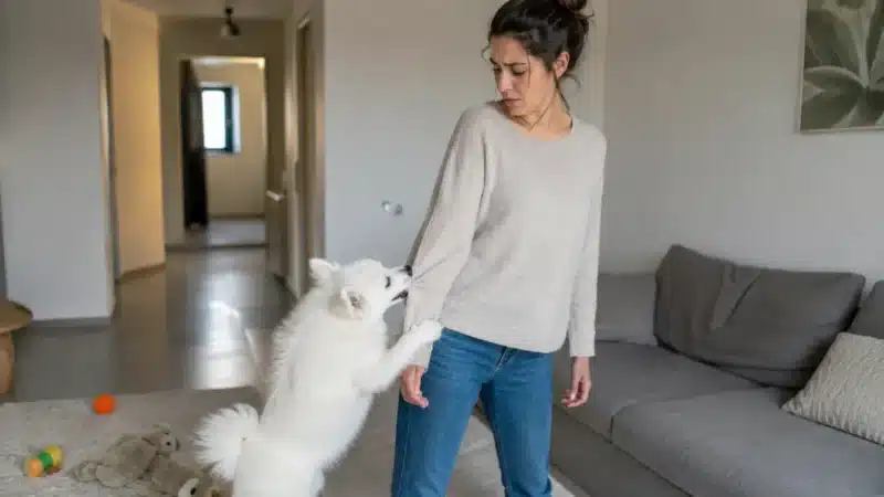 גור קופץ ונושך שרוול של בעלים בסלון המדגיש את גבולות לגור בבית