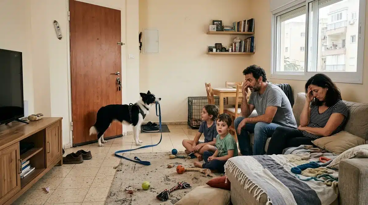 משפחה יושבת בסלון מול כלב אנרגטי ורצועה על הרצפה המדגיש את טעויות נפוצות בבחירת כלב