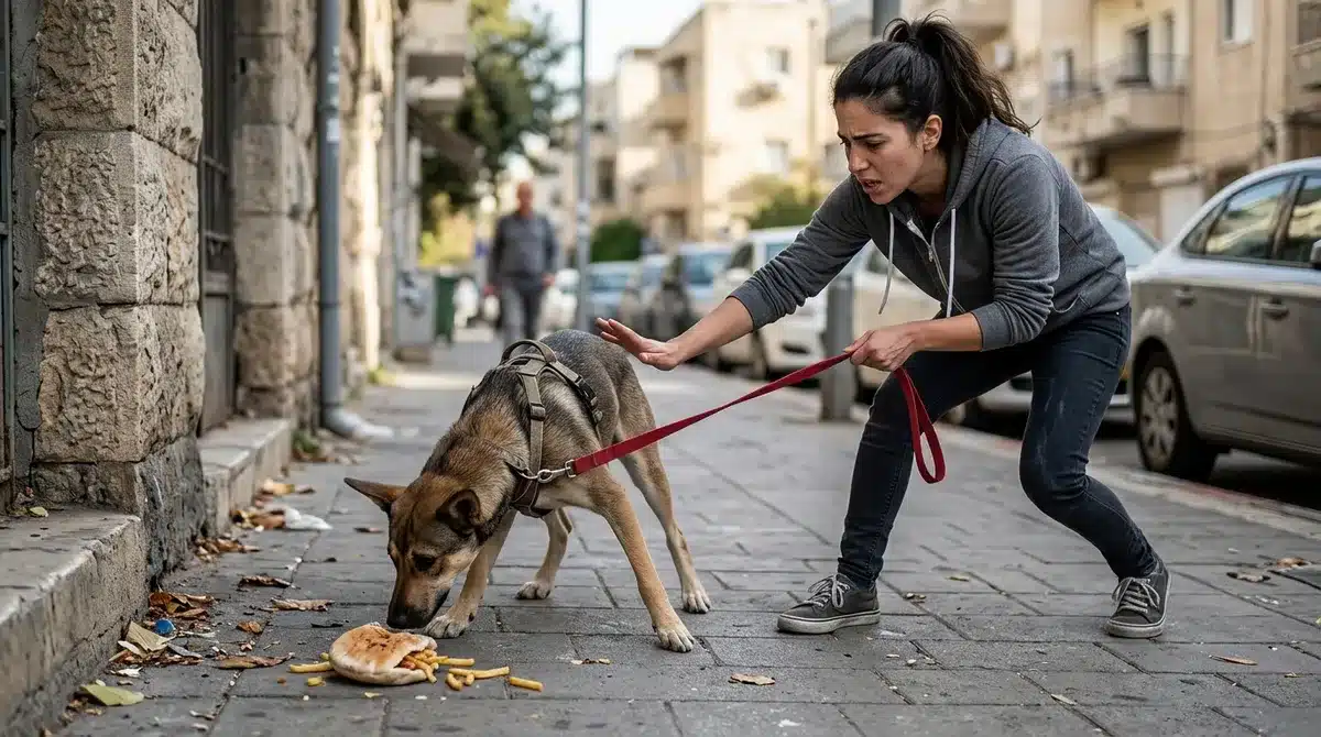 כלב מעורב מושך את הראש לשארית אוכל על מדרכה בזמן בעלים אוחז ברצועה במתח המדגיש כלב אוכל מהרצפה בטיול