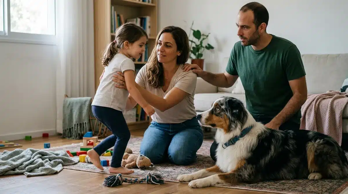 הורים עוצרים ילד קטן מלהתקרב מהר לכלב בסלון המדגיש בחירה אחראית של כלב למשפחה עם ילדים