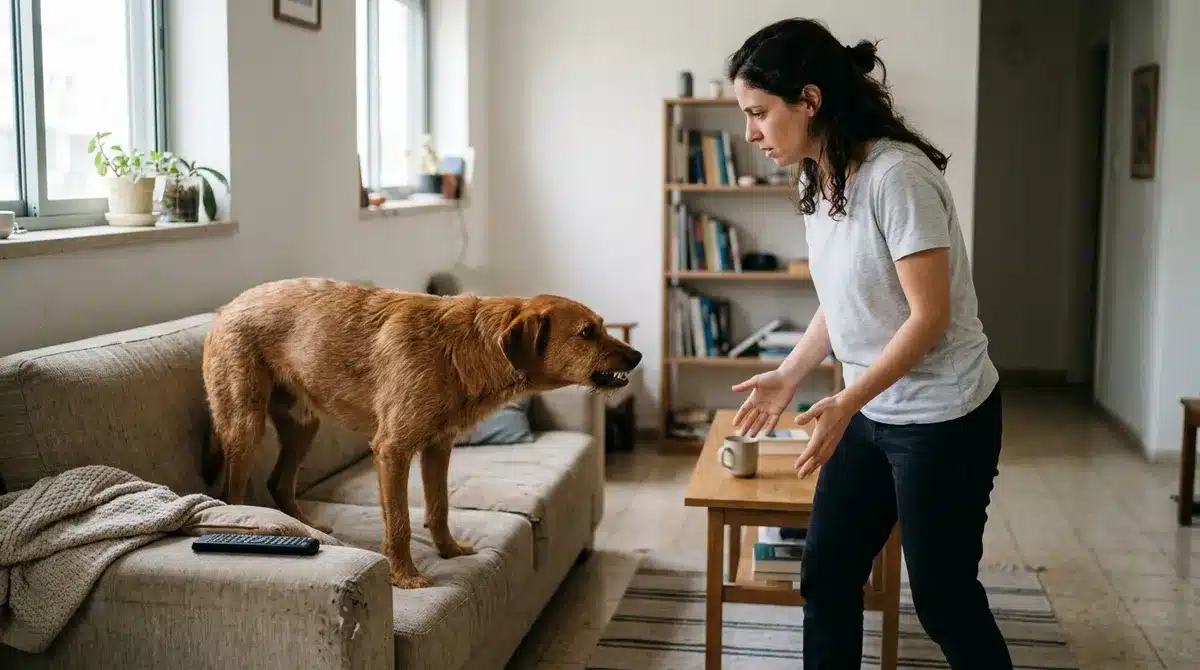 בעלים קופא מול כלב דרוך בסלון המדגיש את כלב נוהם על הבעלים