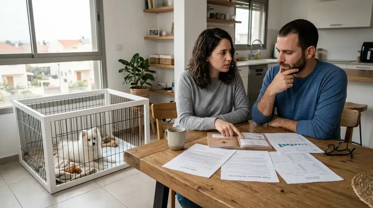 זוג יושב מול גור גזעי ומסמכים על שולחן כדי להמחיש מה לבדוק לפני שקונים כלב גזעי