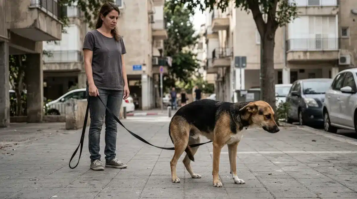 כלב מעורב קופא ליד מדרכה עם זנב נמוך ואוזניים לאחור המדגיש את סימני פחד אצל כלבים