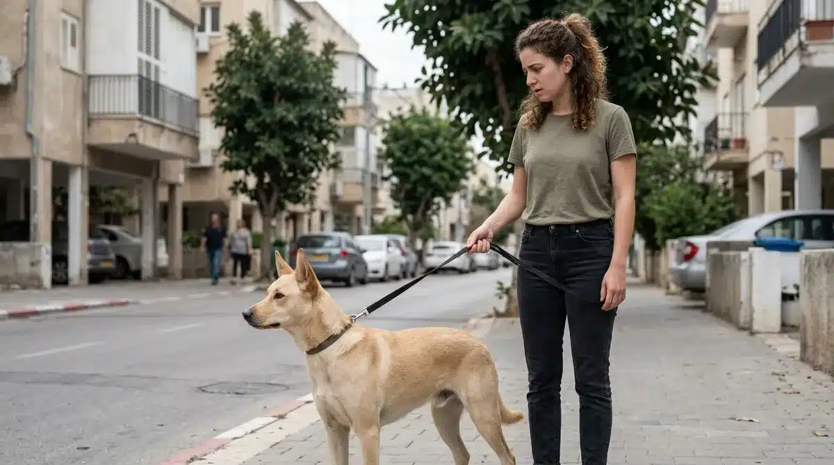 בעלים עוצר ליד רצועה מתוחה וכלב דרוך ברחוב המדגיש את תקשורת כלבית במצבי לחץ